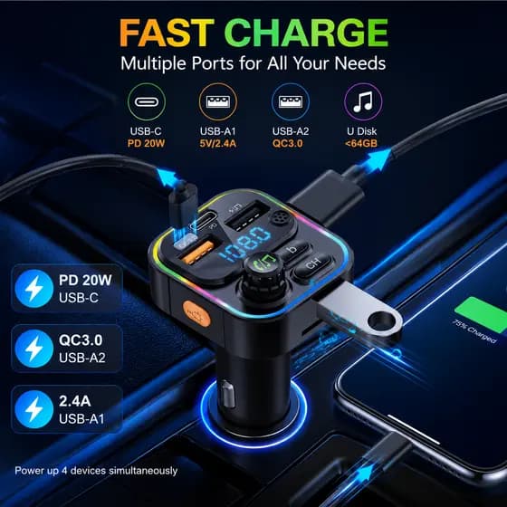 2025 BLUETOOTH Transmissor Fm Carregador USB De Rádio Para Carro Com Microfones Duplos Carregamento Rápido Leitor De Mp3