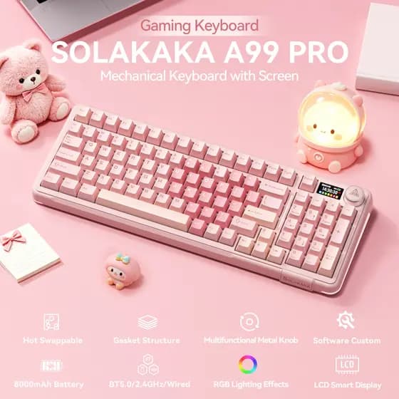 SOLAKAKA A99PRO Teclado Mecânico Tri-Modo com Tela LCD Inteligente, Troca a Quente, RGB, Teclado Gamer 8000mAh