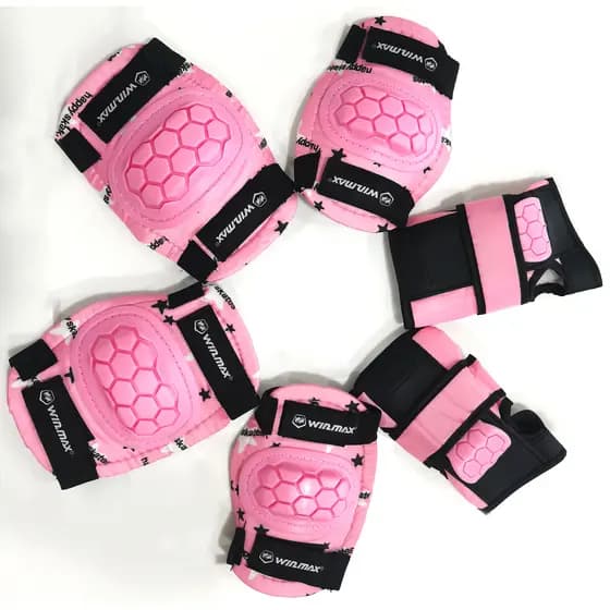 WINMAX Kit de proteção para patins infantil - Estrelas cor-de-rosa, joelheiras, cotoveleiras e protetores de mão,
