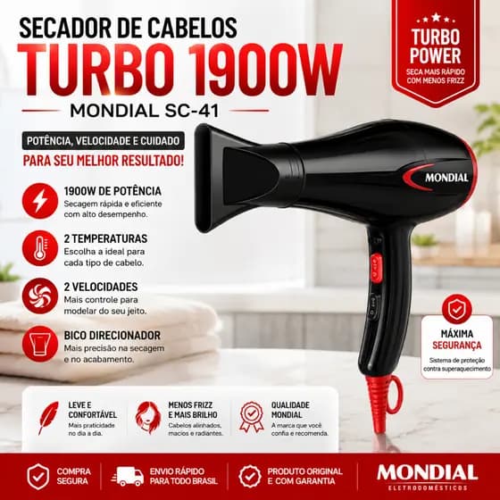 Secador de Cabelos Mondial Turbo 1900W SC-41 Profissional Secagem Rápida