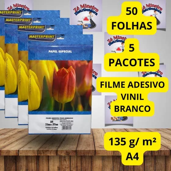 Vinil Adesivo Branco 135g A4 para Impressão Jato de Tinta Brilho e Fosco A Prova d'água Masterprint