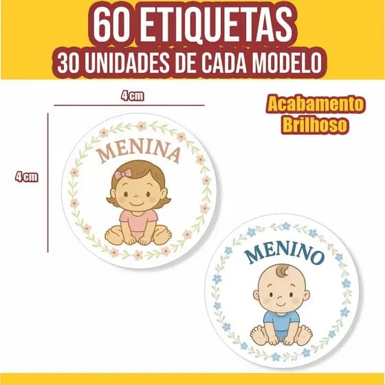 60 Etiquetas Adesivas 4cm Chá Revelação Menina / Menino - Cha Revelaçao