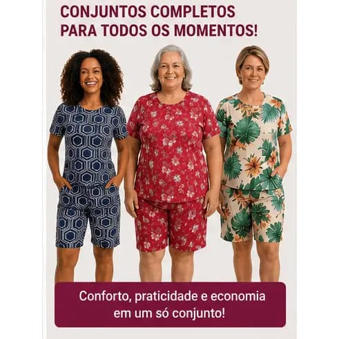 Kit com 1 a 4 Conjunto Senhora Plus Size Com manga Confortável Bermuda e Blusa Regata Liganete