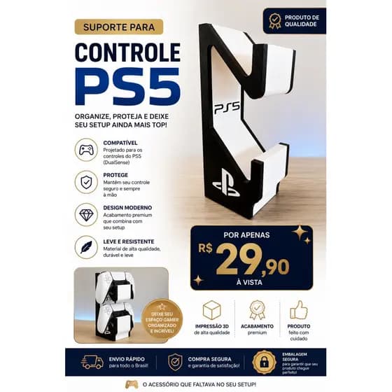 Suporte para Controle PS5 | Organizador Vertical para DualSense | Impressão 3D Premium
