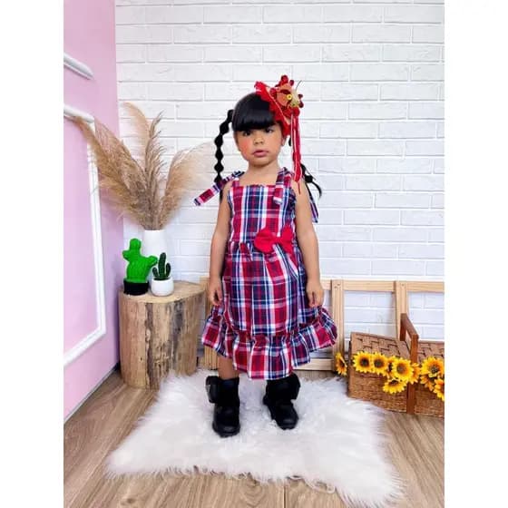 Vestido Bebê Menina Xadrez Roupa Mesversario Festa Junina Sao Joao Caipira Quadrilha Arraia Bori