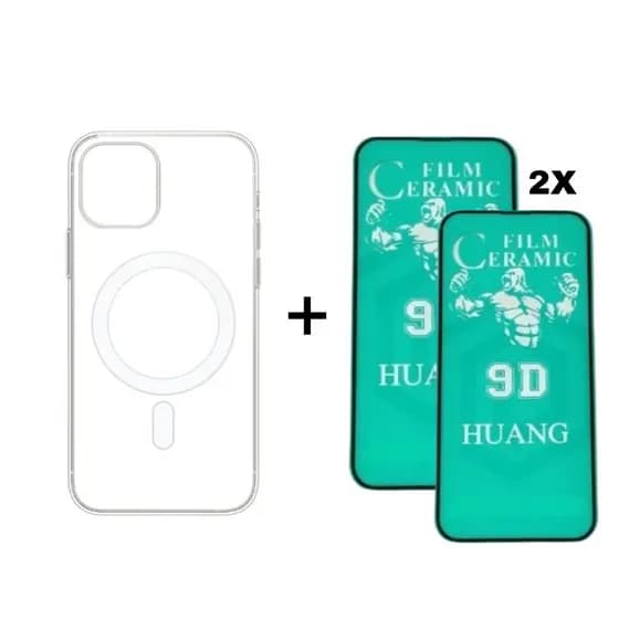 Capa MagSafe + 2X Película Cerâmica iPhone 11 12 13 14 15 16 Pro Max - NF
