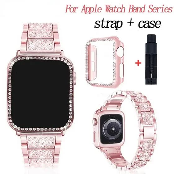 Pulseira De Diamante Brilhante + Capa Para Apple Watch Series 10 Ultra SE 9 8 7 6 5 4 3 2 1 Relógio De Metal De Aço Inox