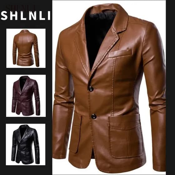 Masculino Fino Ajuste Gola Dobrável Blazers De Couro Do Plutônio Outono Inverno Casual Único Breasted Casaco Minimalista