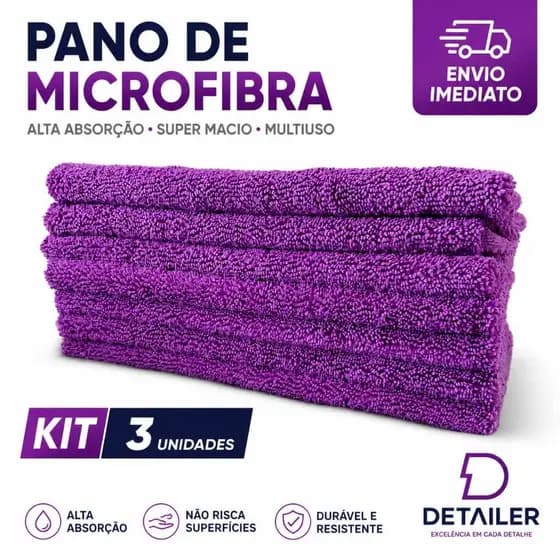 Kit 3 Panos Microfibra 40x60cm 230GCM S/costura Automotivo Alta Absorção Premium