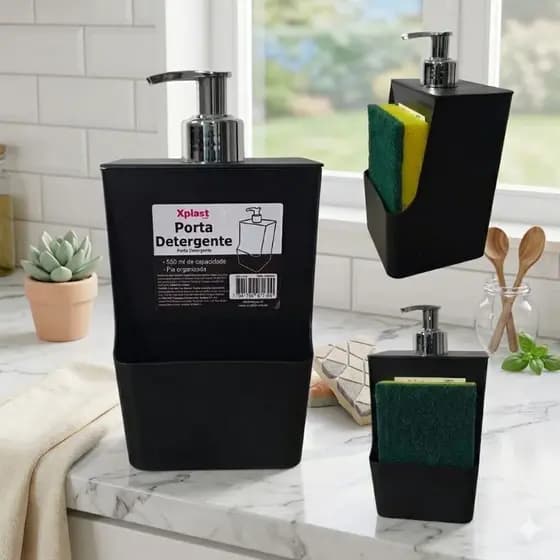 Porta Detergente e Bucha de Pia 2 em 1 Premium - Dispenser de Sabão Líquido 550ml Organização Cozinha
