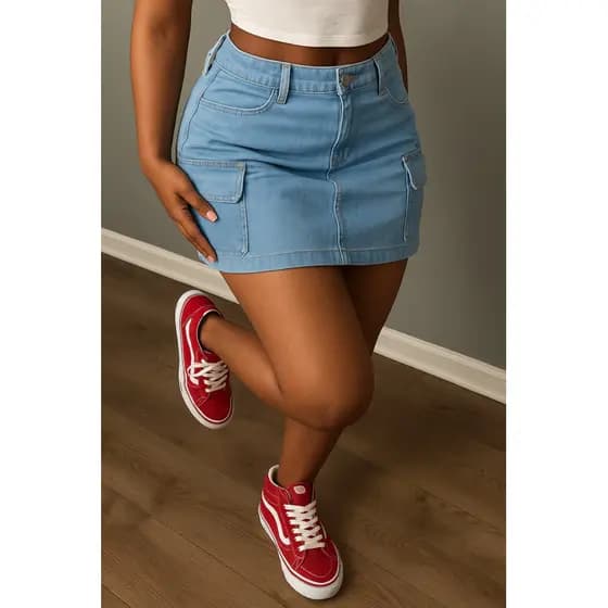 Saia Jeans Curta feminina com Bolsos