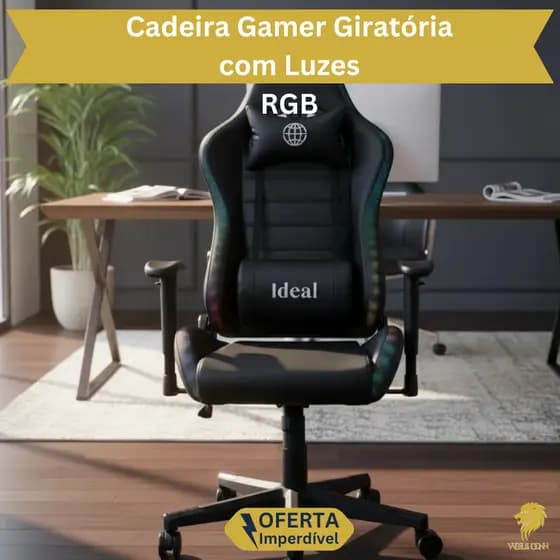 Cadeira Gamer Luzes RGB Ergonômica Escritório Reclinável Ajustável Confortável Giratória