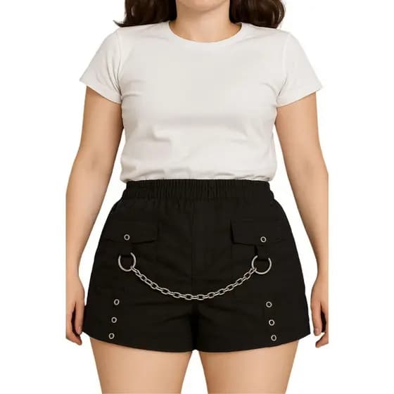 Shorts com Correntes - bolsos frontais/tecido tactel/short curto feminino leve/moda gringa hip hop emo grunge rock traje