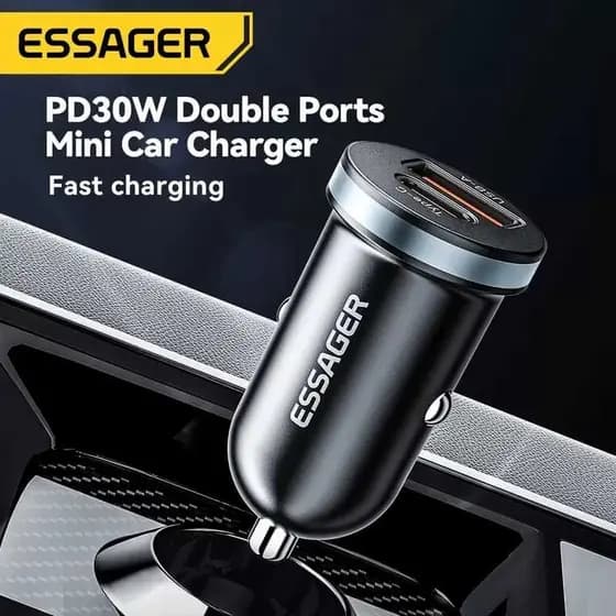 Carregador de Carro 30W – Essager - Duas portas Tipo C + USB | Carregamento Rápido PD 3.0 / QC 4.0