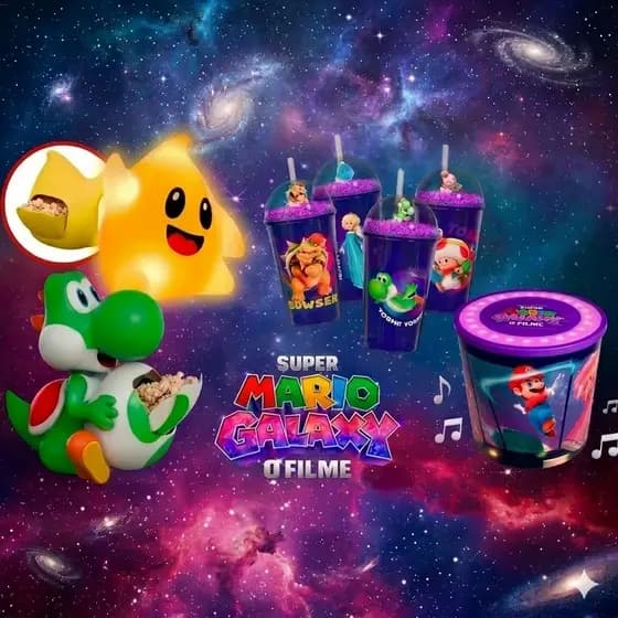 Balde de Pipoca Yoshi Luma Temático Copo Filme Super Mario Galaxy O Filme Cinemark