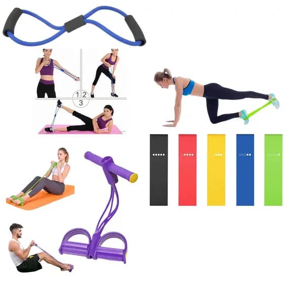 Kit Fitness Em Casa 5 Mini Band + Elástico de Pé + Elástico de Tensão Confortável Treine Em Casa