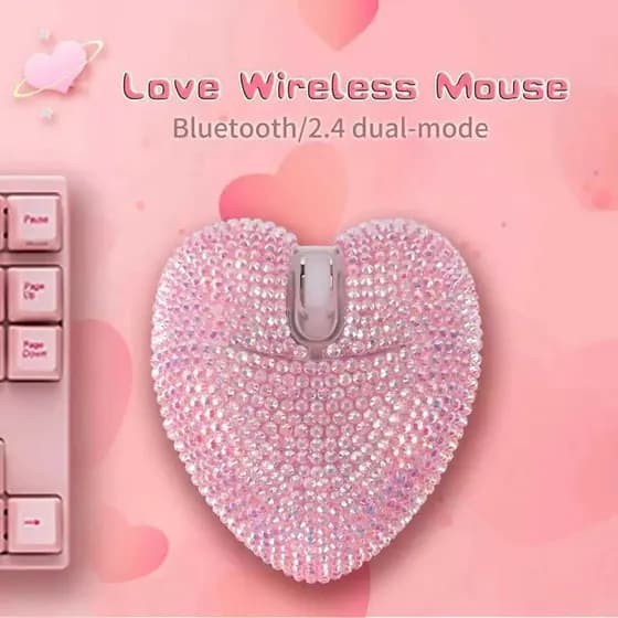 Bonito Coração Rosa Strass Mouse Sem Fio Modo Duplo Bluetooth + 2.4G Recarregável Silencioso Presente Para Meninas Portá