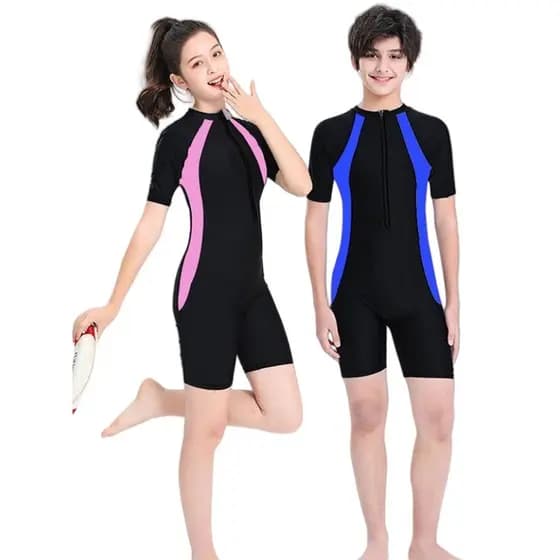 Maiô Infantil De Uma Peça Para Meninos E Meninas Rash Guard | Fato De Mergulho Curto De Manga Curta Com Zíper Piscina ,