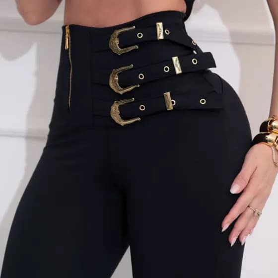 Calça Legging Feminina Com Fivela Lateral Cintura Alta Levanta Bumbum Zero Transparência