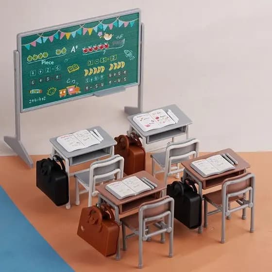 RoadGold 1 Conjunto De Mesa Escolar Em Miniatura , Cadeira De Quadro , Modelo De Mochilas Escolares Para Casa De Boneca