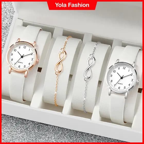 Conjunto De 4PCs De Relógios De Quartzo Moda Casual Feminino Pulseiras De Relógio Estilo Estudantil