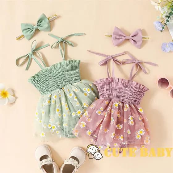 Vestido Infantil Bebê para Meninas Estampa Floral Tule Patchwork Linha A com Faixa de Cabeça com Laço,0-18 Meses