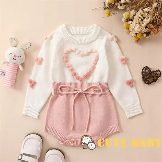 Macacão Infantil Meninas de Malha com Contraste de Cores e Coração para o Dia dos Namorados no Outono,0-18 Meses