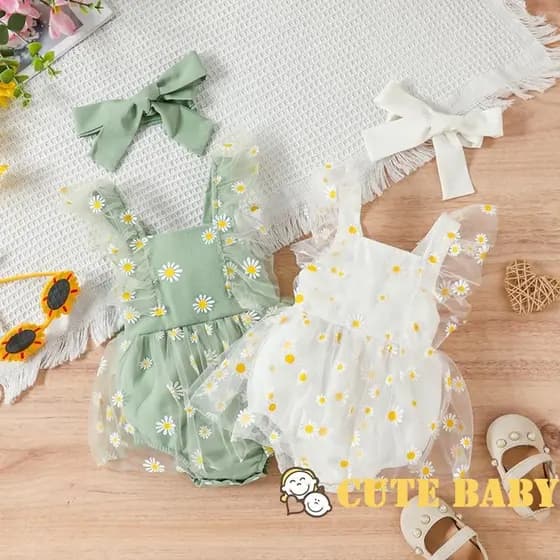 Eph-Infantil Bebê Meninas 2 Peças Verão Margarida Estampa Malha Macacão Vestido Com Faixa De Cabeça,0-12 Meses