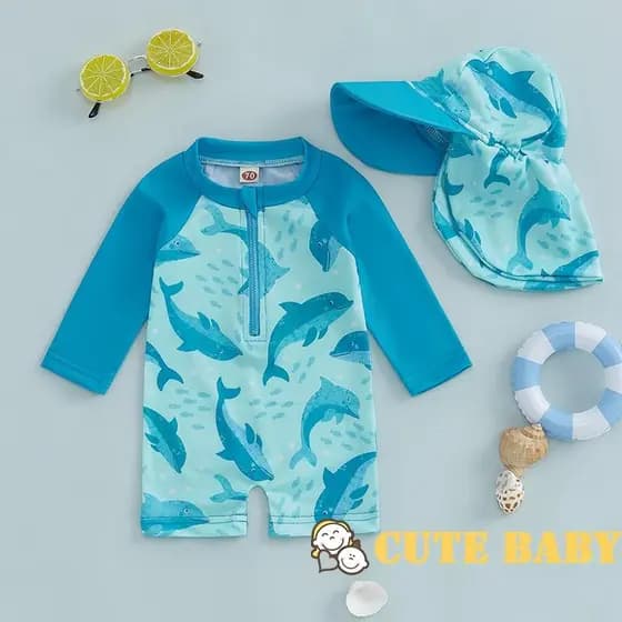 Eph-Kids Bebê Meninos Maiô De Manga Comprida Com Estampa De Golfinho E Zíper Conjunto De Chapéu,0-5 Anos