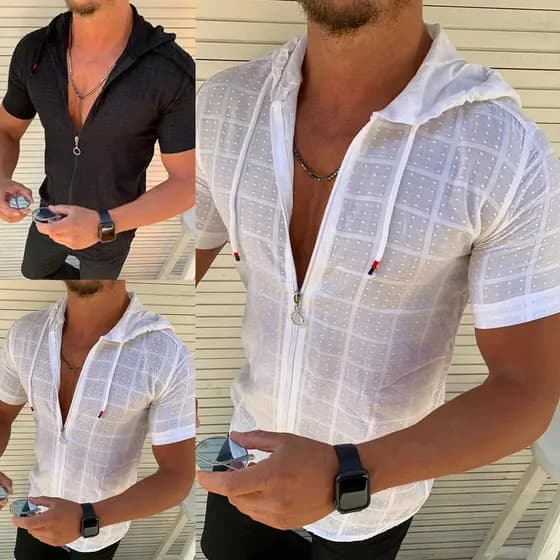 AU-Men Camiseta De Manga Curta Com Capuz E Zíper Xadrez Estampa Verão Streetwear