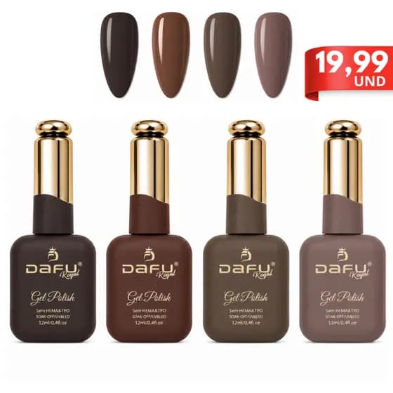 Kit 4 Esmaltes em Gel Dafu Nova Coleção InfinitoGlow Sem Hema/Tpo 12ml Marrom Nude Seca Cabine UvLed