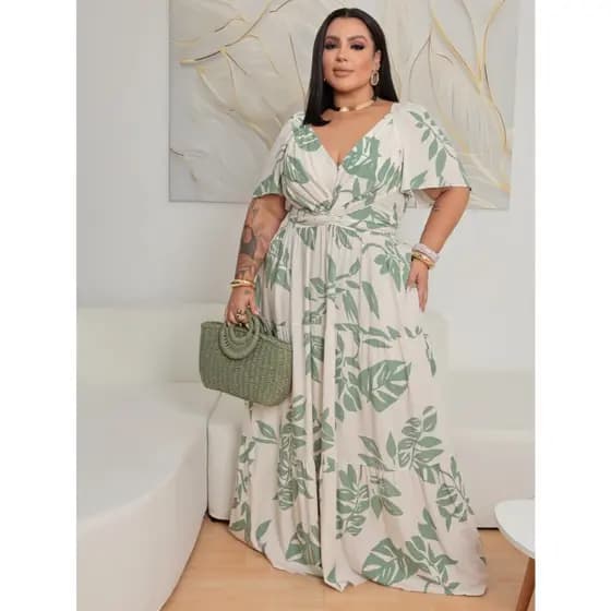 VESTIDO PLUS SIZE DECOTE V TRANSPASADO LONGO MANGA CURTA