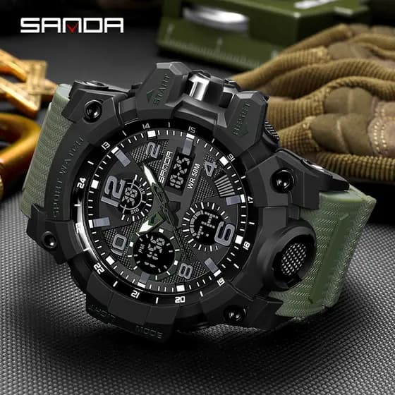 【Sanda Official】Relógio Masculino Esportivo à Prova D'água Relógio Digital De Quartzo Superbrilhante De Luxo Com LED Externo Analógico Militar Relógio Despertador Multifuncional