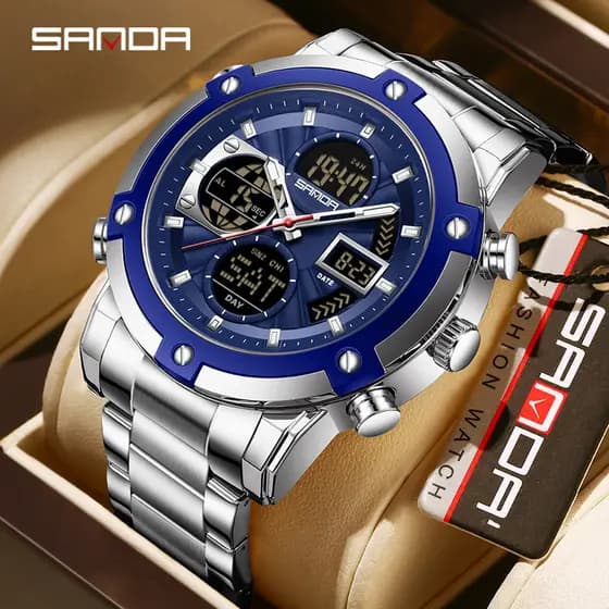 SANDA Masculino Business Casual Relógio Triplo Tempo À Prova D'água Luminoso Contagem Regressiva Cronômetro Snooze Alarm