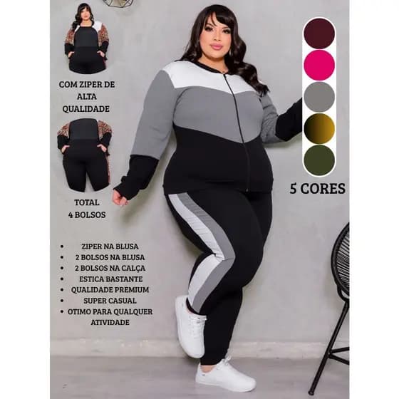 Conjunto Feminino Plus Size G1234 Blusa de Frio Manga Longa Com Ziper e Calça Slim Com Bolsos Tecido Crepe Inverno Moda