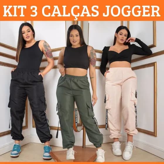 KIT 3 Calça Jogger 4 Bolsos Tactel Leve e Resistente | 4 Cores | Tamanhos 10 ao G | Estilo New York Hip Hop Street