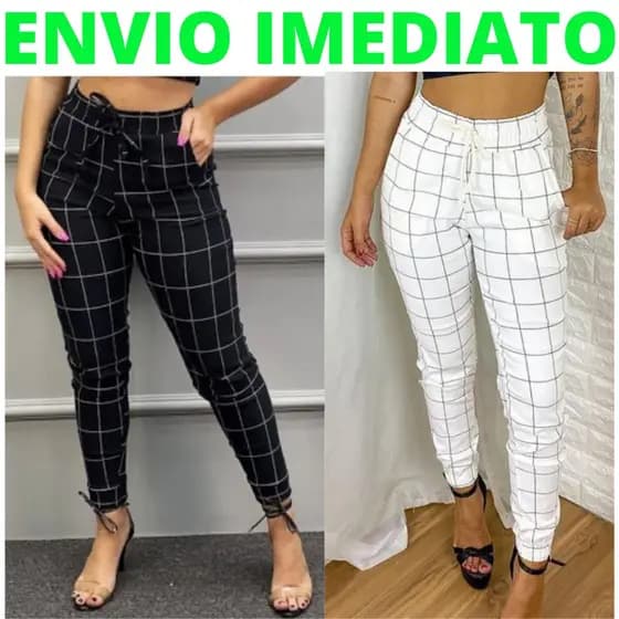 Calça Jogger Feminina Tecido Bengaline Elastano Xadrez Quadriculada Listrada M G GG