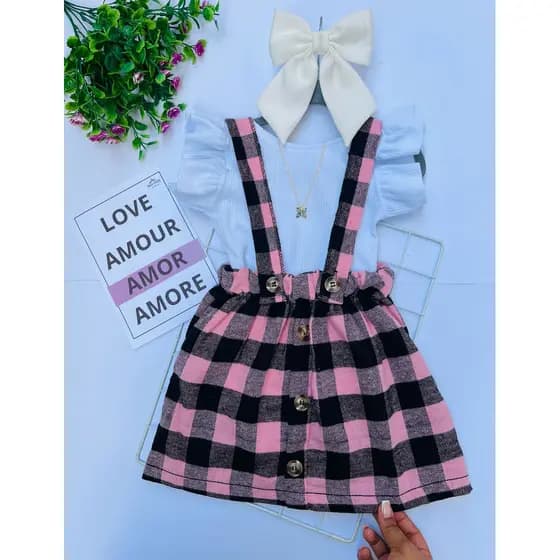 Conjunto infantil de menina Salopete Infantil Xadrez Manga Frufru Blogueirinha Mini Diva