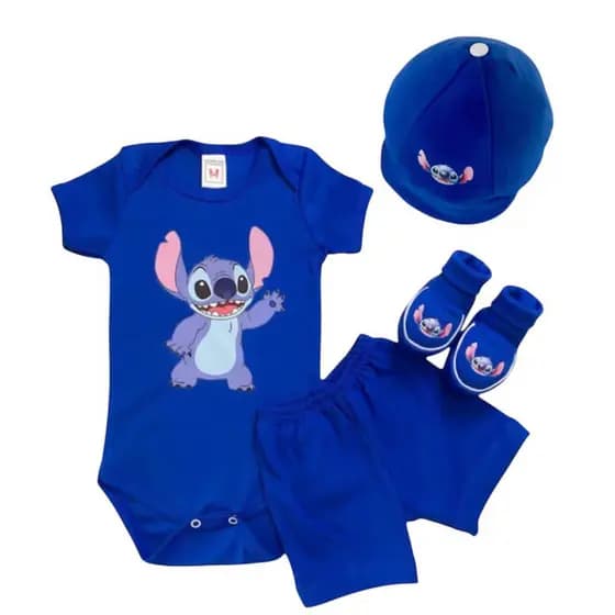 kit bebê stitch, temas body, short bebê e pantufa personagens