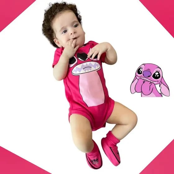Body+pantufa lilo stitch rosa, bebê temáticos,mêsversário-suedine 100% algodão