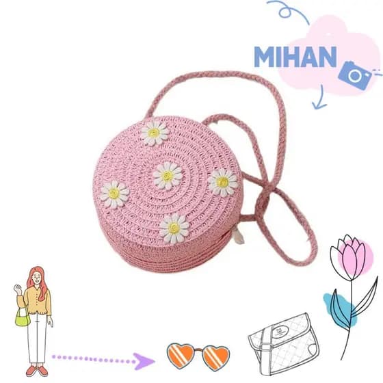 Bolsa Crossbody MH-BEAUTY , De Palha Infantil Feita À Mão Em Formato Redondo Ombro Pequena Margarida Tecida