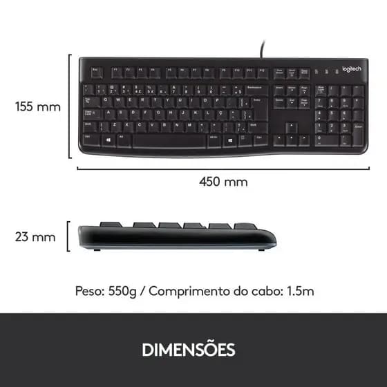 Teclado com fio USB Logitech K120 Resistente à Respingos e Layout ABNT2