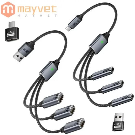 Hub MAYVET USB-C , Com Conversor Macho Para Fêmea Divisor 3 Em 1 , Cabo Y Trançado De Nylon De 480 Mbps