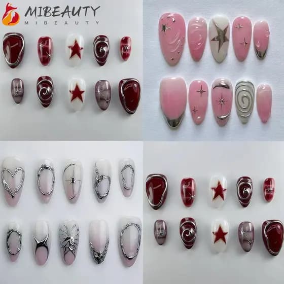 MIBEAUTY 24 Peças De Unhas Postiças , Falsas Com Borda Branca Francesa De Amêndoa Longa , Pontas Onduladas Douradas Estr