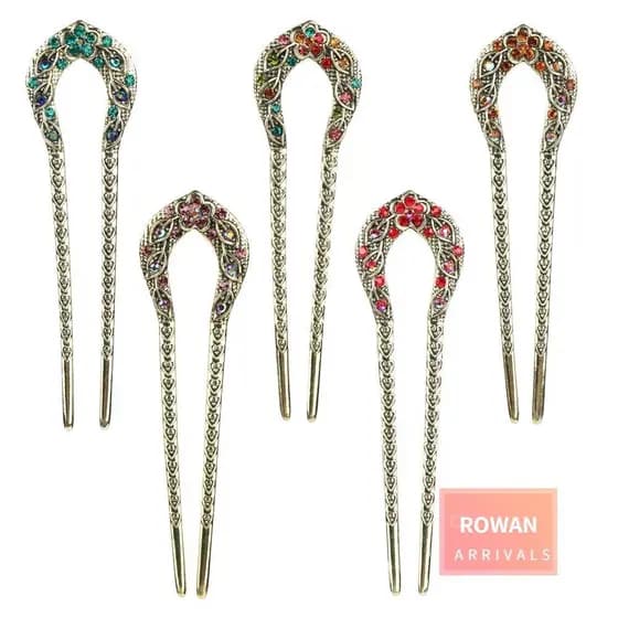 Palitos Para Cabelos ROWANBA De Bronze Metal Em U Chignon Crystal Vintage