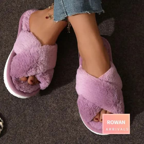 ROWANBABY Chinelos De Chão , Cinto Cruzado Com Sola Macia , Femininos De Pelúcia , Inverno Aconchegante E Quente