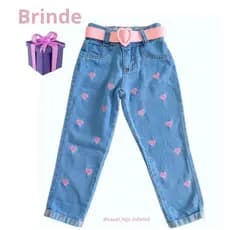 Calça Jeans Infantil Luxo com Cinto de Corações