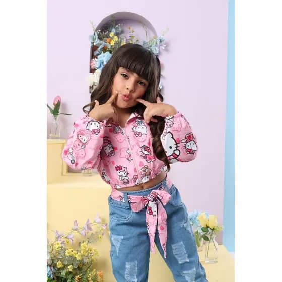 Conjunto 4 peças infantil hello kitty jeans com blusa corta vento