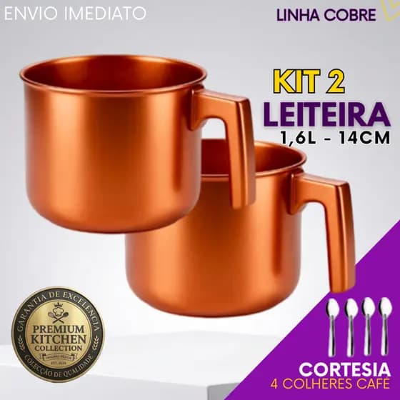 2 e 1 un - Fervedor De Leite 14cm Antiaderente Reforçado 5 Camadas Estilo Cobre