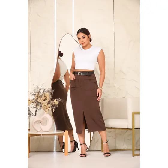 Saia Midi Alfaiataria Bolso Frontal Moda Evangélica Elegante Versátil Para Festa social